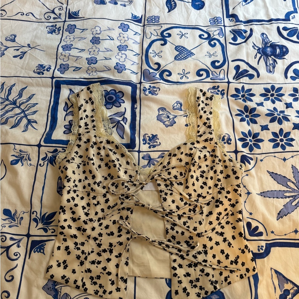 Floral Lace-Up Top in Cream and Black